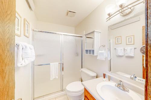 a bathroom with a shower and a toilet and a sink at Cozy Corner in Winter Park
