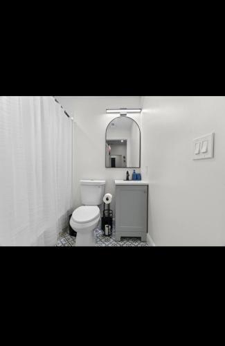 a bathroom with a white toilet and a mirror at Modern 2 bedroom 1 bath unit 2 Near Airport, Xfinity Arena and Eagles Stadium in Philadelphia