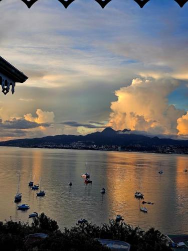 une vue d'un grand plan d'eau avec des bateaux dans l'établissement Superbe vue Mer, Appartement 4 personnes climatisé, Les trois ilets, Anse Mitan, à Les Trois-Îlets