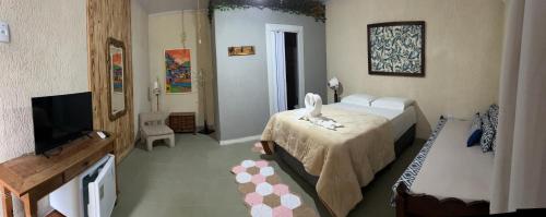 a hotel room with a bed and a television at Suíte penedo in Itatiaia