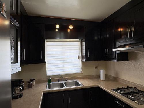 a kitchen with black cabinets and a sink and a window at Casa Sofia de una planta in Hermosillo
