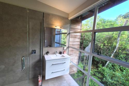 a bathroom with a shower and a sink and a mirror at beach bush retreat at Leigh in Leigh