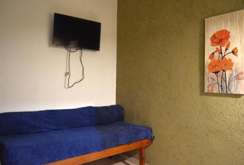 ein Wohnzimmer mit einem blauen Sofa und einem Flachbild-TV in der Unterkunft PH Céntrico Sol in Cordoba