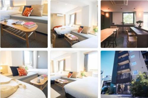 a collage of four pictures of a living room at WAYFARER Matsu in Osaka