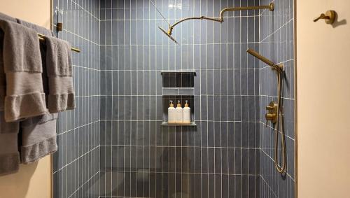une salle de bain avec douche aux carreaux bleus dans l'établissement Romantic Mountainside Cozy Cabin Poconos, à Gouldsboro