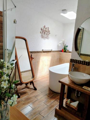 a bathroom with a tub and a sink and a mirror at Casa d'Lobo Hotel Boutique in Malinalco