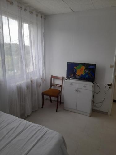 a bedroom with a bed and a chair and a television at Séjour vert au calme in La Machine