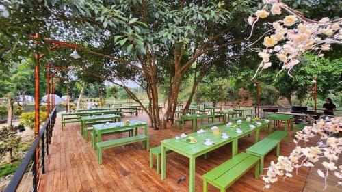 a group of green picnic tables under a tree at Orchard Home Nam Cat Tien in Cat Tien