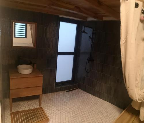 a bathroom with a shower with a window and a sink at Maison 6 personnes au pieds des montagnes à l'Entre-deux in LʼEntre-Deux