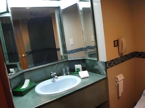 a bathroom with a sink and a large mirror at The CentrePoint Hotel in Bandar Seri Begawan