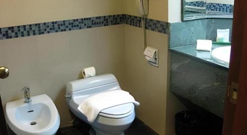a bathroom with a white toilet and a sink at The CentrePoint Hotel in Bandar Seri Begawan