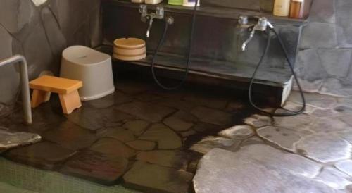 a bathroom with a shower and a toilet at Kakeyu Onsen Hotel Kameya in Ueda