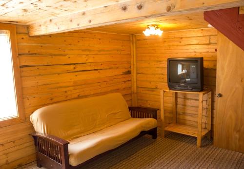 Moose PassにあるMidnight Sun Log Cabinsのベッド1台とテレビ付きのキャビンです。