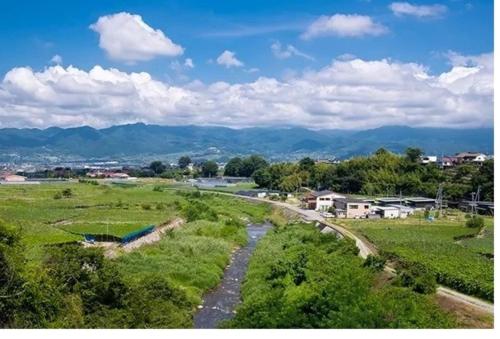 a winding road in a field with mountains in the background at Wine Inn Tomu - Vacation STAY 42199v in Katsunuma