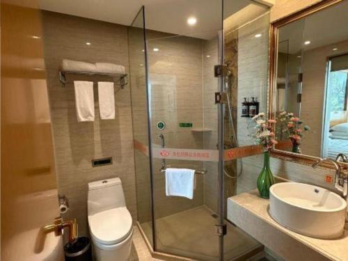 a bathroom with a shower and a toilet and a sink at Vienna Hotel Guangdong Huiyang Qiuchang Yingbin Road in Huizhou