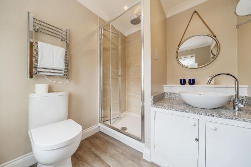 a bathroom with a toilet and a sink and a shower at Orchard House Docking in Docking