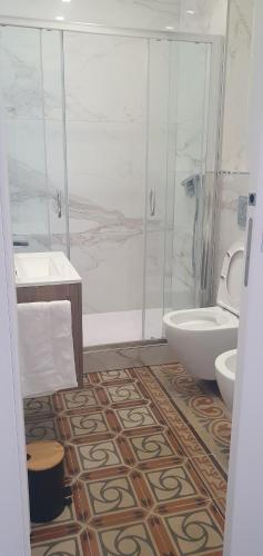 a bathroom with a shower and a toilet and a sink at Palazzo Mateola Luxury Rooms in Matera