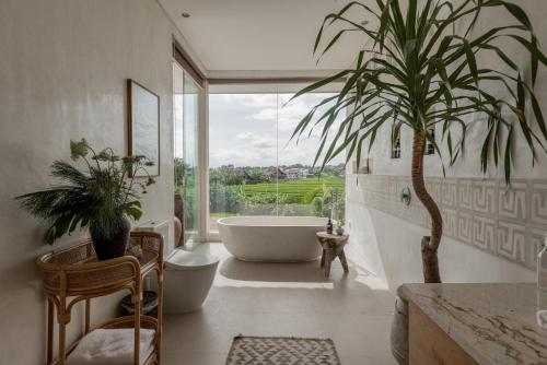 a bathroom with a tub and a palm tree in it at BI Design House Canggu in Canggu