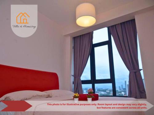 a bedroom with a red bed and a large window at Cozy Apartment for Two - KANVAS SOHO Cyberjaya in Cyberjaya