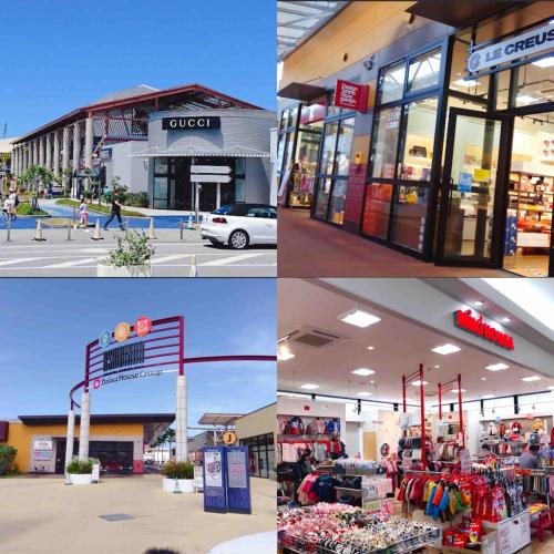 a collage of four pictures of a store at ZZOKIAI藍魚 2 mins walk to the beach! Upscale villa area 15 mins from airport! Parking, dryer, baby cots are all available in Itoman