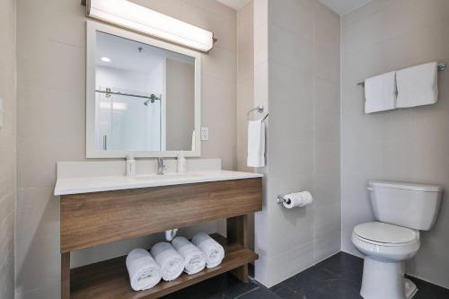 a bathroom with a sink and a toilet and a mirror at The Penn Stroud, Stroudsburg - Poconos, an Ascend Collection Hotel in Stroudsburg