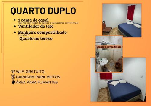 two pictures of a room with a bed and a bathroom at Pousada Canto de Bertioga in Bertioga
