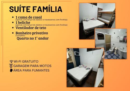 a collage of pictures of a room with a bed at Pousada Canto de Bertioga in Bertioga