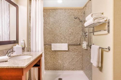 a bathroom with a sink and a shower at Days Inn & Suites by Wyndham Sherwood Park Edmonton in Sherwood Park