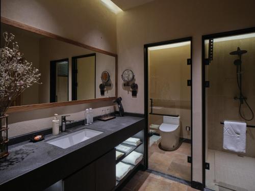 une salle de bain avec un lavabo et des toilettes dans l'établissement Jiuzhaigou Valley Scenic and Historic Interest Area Stargazing · Vacilando Resort, à Tazang