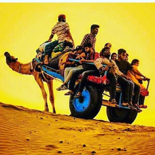 a group of people riding a camel in the desert at Desert Heaven Camp - A Family Luxury Resort Jaisalmer in Jaisalmer