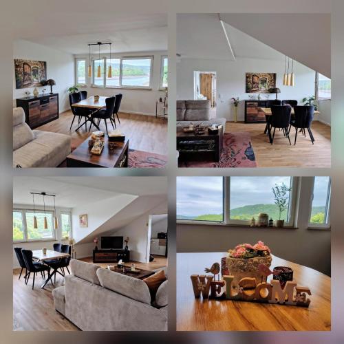 a collage of photos of a living room and dining room at Ferienwohnung Seerandweg in Simmerath