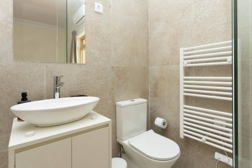 a bathroom with a sink and a toilet and a mirror at Countryside Villa with Nature & Pool - 'Casa dos Vasconcelos' in Chaves