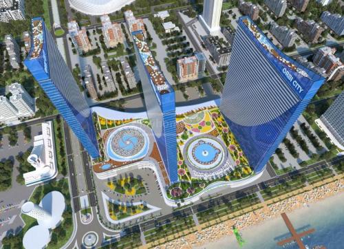 an overhead view of a building with a city at Orbi city new Tower in Batumi