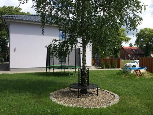 a park with a tree and a swing set at Ferienwohnung ab zum Haff in Ueckermünde