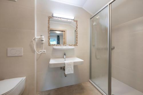a bathroom with a shower and a sink and a mirror at Aparthotel am Reitecksee in Flachau