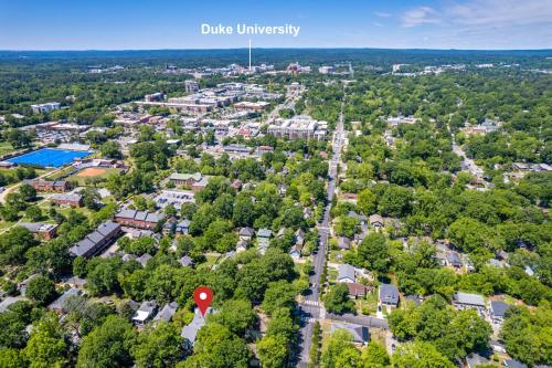 an overhead view of a town with a red stop sign at Loft 5 min from Duke in Durham