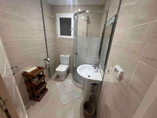 a bathroom with a shower and a sink and a toilet at chott meriem avec terrasse sur la mer in Chott Meriem