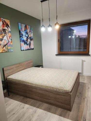 a bedroom with a bed in a room with a window at Tabago Studio 40 Piotrków Trybunalski in Piotrków Trybunalski