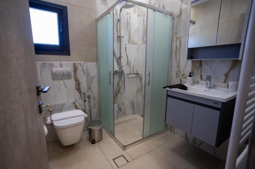 a bathroom with a shower and a toilet and a sink at Isol Rooms Β1 in Katerini