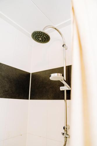a shower with a shower head in a bathroom at The Creative Boat in Lithoijen