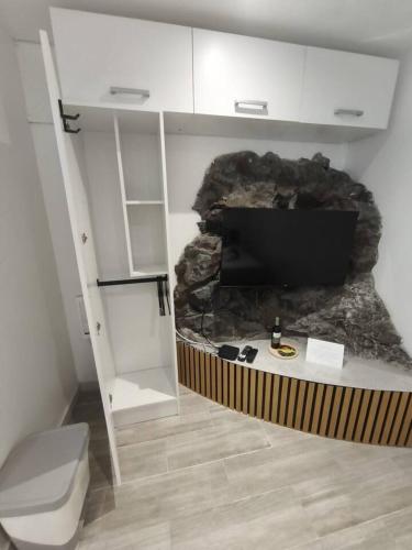 a bathroom with a toilet and a rock wall at Alojamiento Local - Estrela in Seixal