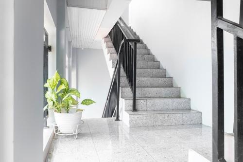 a staircase with a potted plant in a building at Dancenter Z Hotel in Bandar Lampung