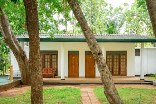 a small white house with brown doors and trees at JC's Village in Dambulla