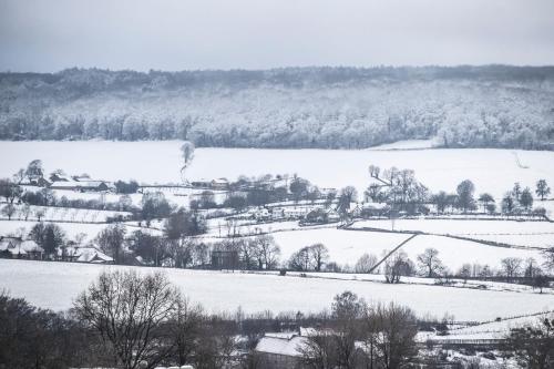 a field covered in snow with trees and houses at MERICI Hotel Sittard in Sittard
