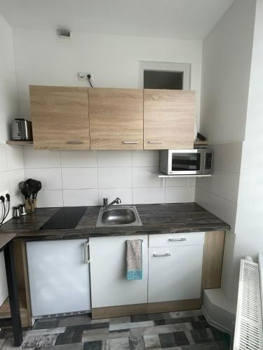 a small kitchen with a sink and a microwave at City Apartment in Osnabrück
