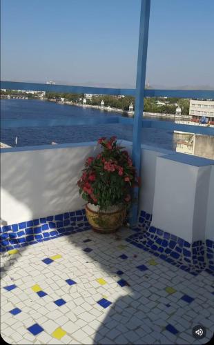 a potted plant on a balcony with a view of the water at Gladden Villa in Udaipur