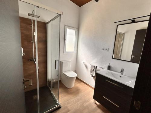 a bathroom with a shower and a toilet and a sink at Villa La Solea in Villar de Cañas