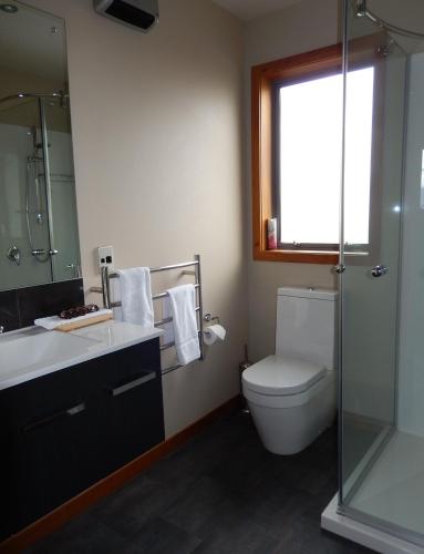 a bathroom with a toilet and a sink and a shower at Isolation Bay in Lake Tekapo