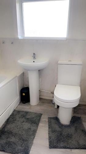 a bathroom with a white toilet and a sink at Home in Colchester in Colchester