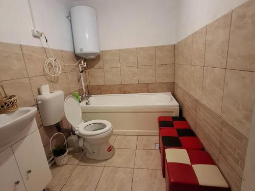 a small bathroom with a toilet and a bath tub at Casa de vacanță cu 4 camere Varlaam in Varlaam